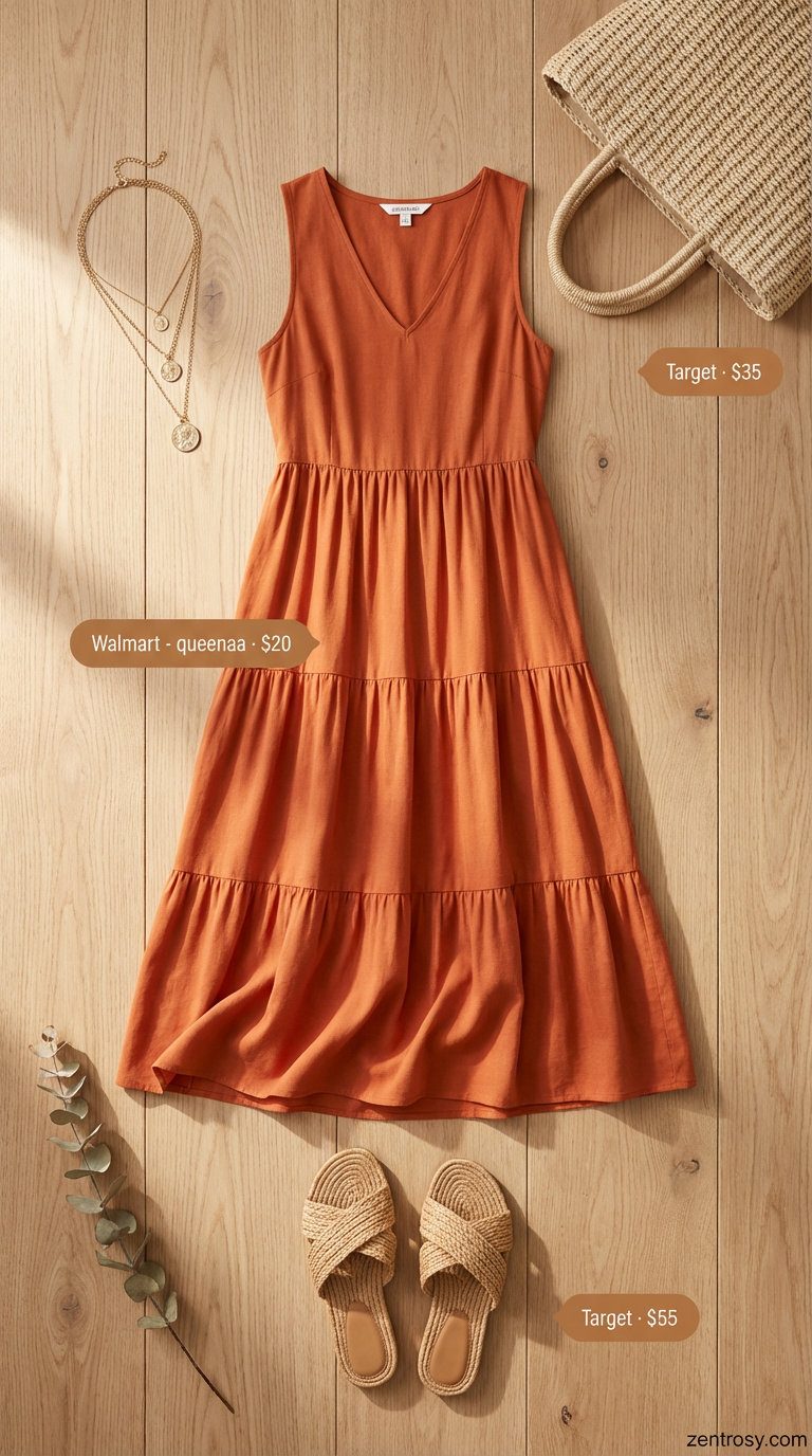 A relaxed bohemian casual summer outfit for women with a terracotta tiered maxi dress, cream slide sandals, layered gold necklaces, and a large straw tote, perfect for a beach day or resort wear.