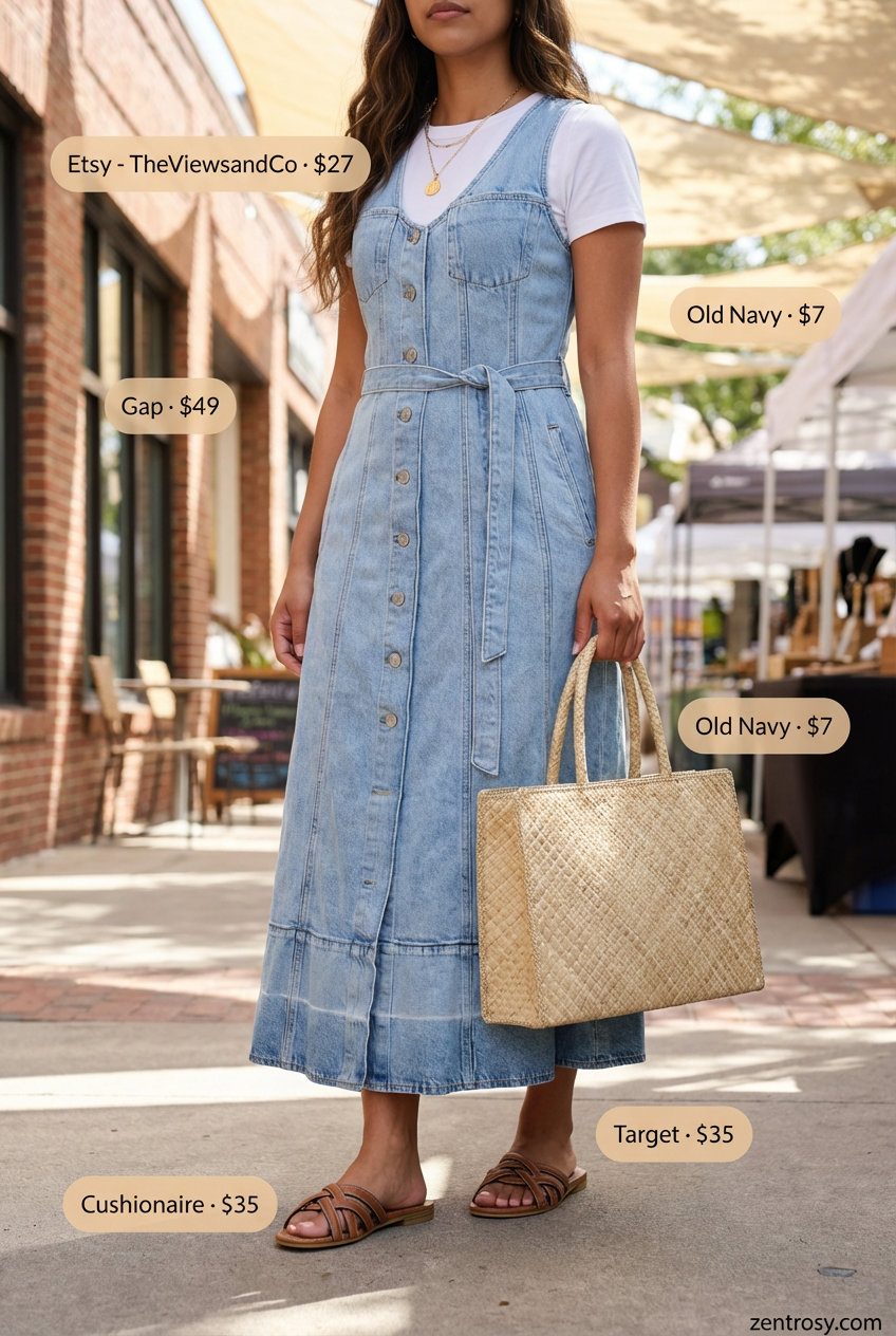 Bohemian 'Boho Beach Day' casual summer outfit for women 2026 with a light wash denim maxi dress, a white t-shirt, tan faux leather slide sandals, layered gold coin necklaces, and a large straw tote bag, perfect for a beach day.