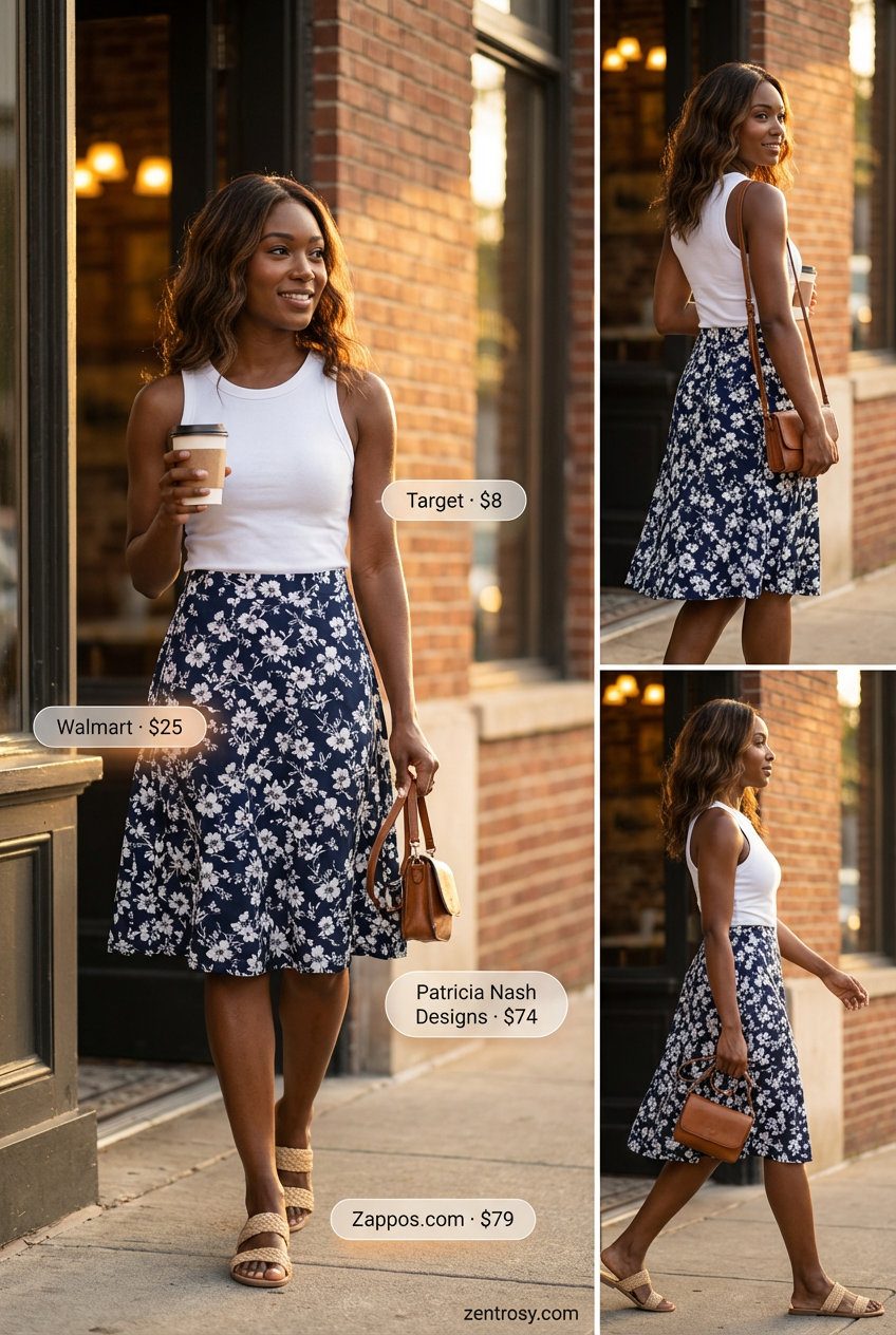 A fresh and feminine casual summer outfit for women 2026, featuring a navy blue floral midi skirt and a crisp white ribbed tank top, styled with espadrille wedge sandals and a woven crossbody bag for brunch.