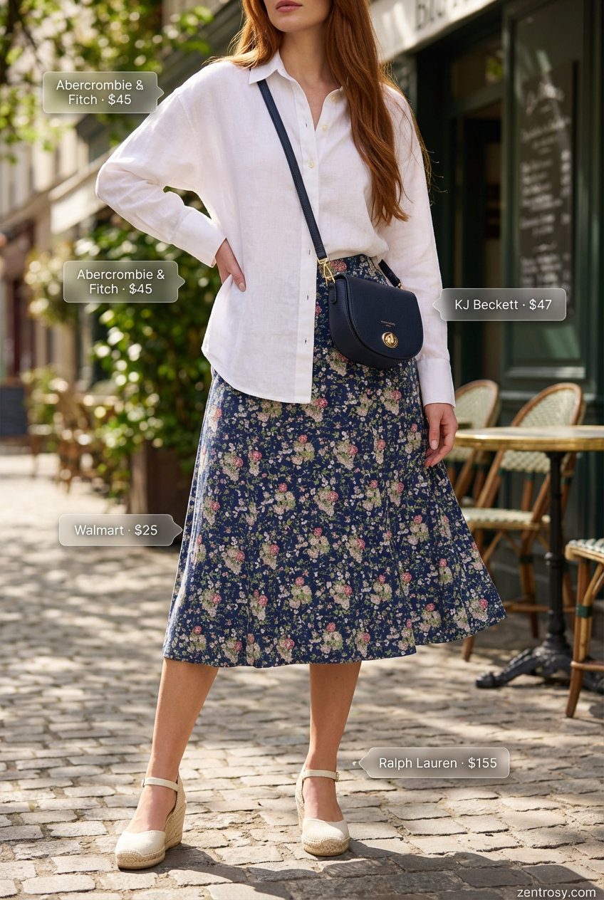 A charming and feminine casual summer outfit for women 2026 featuring a navy floral print midi skirt, a crisp white linen blend button-down, and wedge espadrille sandals, ideal for a café rendezvous.