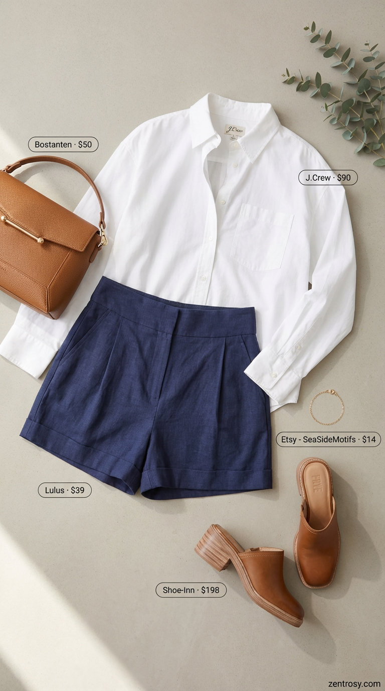 A polished casual summer outfit for women featuring navy tailored linen shorts, a white oversized button-down shirt, tan leather mules, and a cognac crossbody bag, perfect for a chic city stroll or lunch.