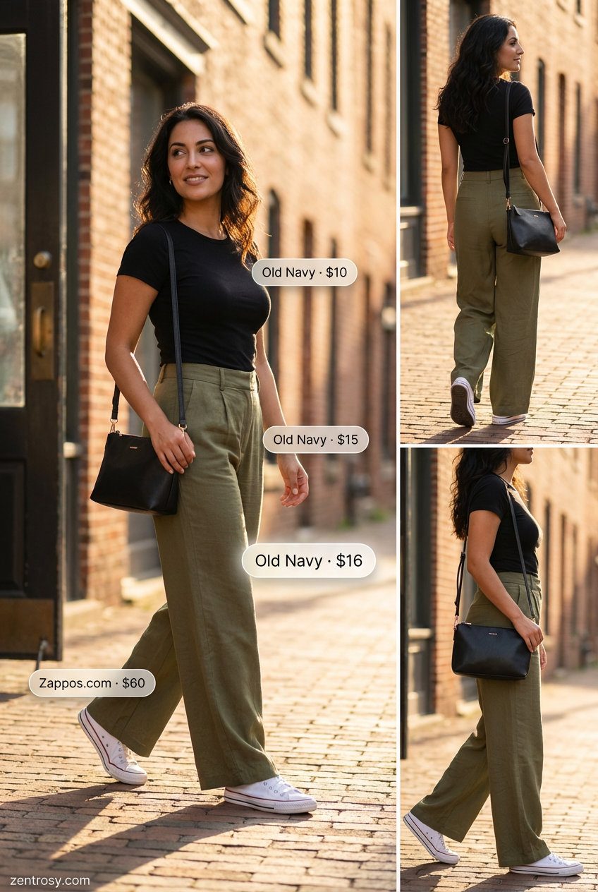 A comfortable casual summer outfit featuring olive green wide-leg pants, a black knit top, and white sneakers, perfect for city sightseeing or daily errands. A stylish black crossbody bag completes this look.