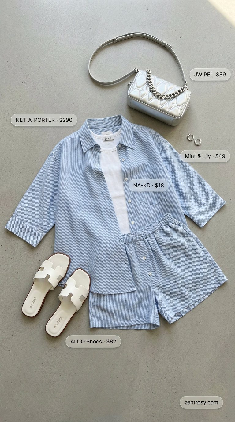 A coordinated casual summer outfit for women with a sky blue linen blend matching set (shirt & shorts), a white ribbed tank, white slide sandals, a mini crossbody, and silver hoops, ideal for a coastal coffee run.
