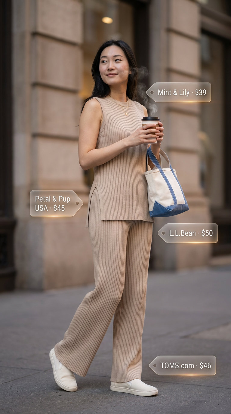 A cozy and relaxed casual summer outfit for women 2026 featuring a beige ribbed knit tank top and wide-leg pants matching set, styled with cream slip-on sneakers and a large canvas tote for a coffee run.