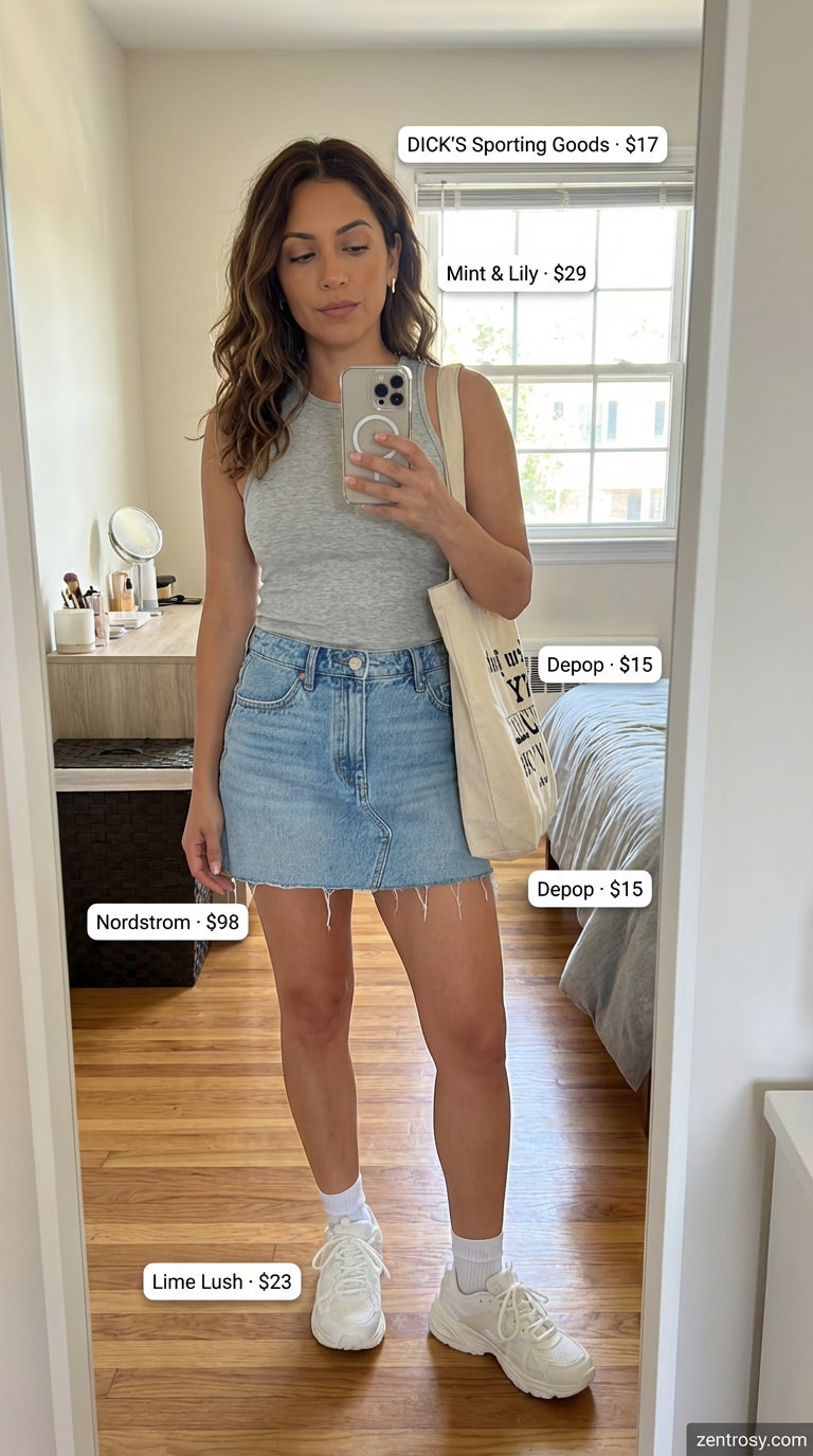 A retro-inspired casual summer outfit for women 2026 featuring a medium wash denim A-line mini skirt with a raw hem and a heather grey ribbed racerback tank top, accessorized with white chunky sneakers.