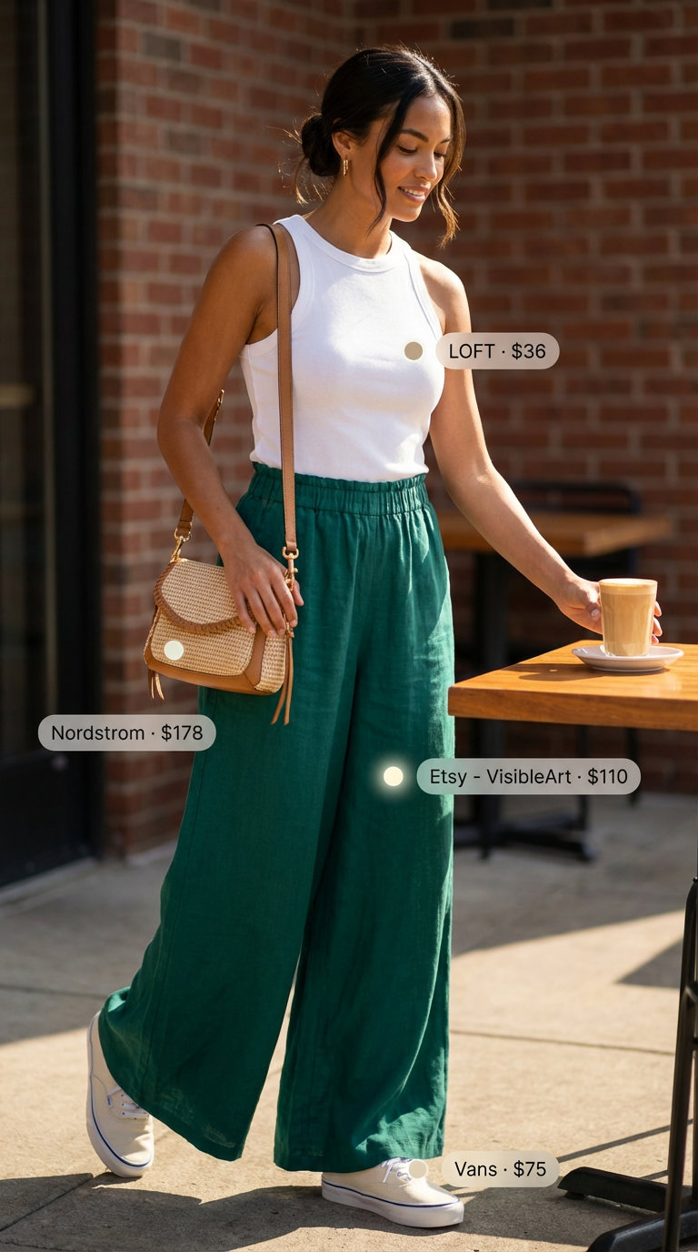 Effortlessly chic casual summer outfit for women 2026 featuring emerald green linen blend wide-leg pants, a crisp white fitted rib-knit tank top, off-white canvas sneakers, and a small woven raffia crossbody bag, ideal for brunch.