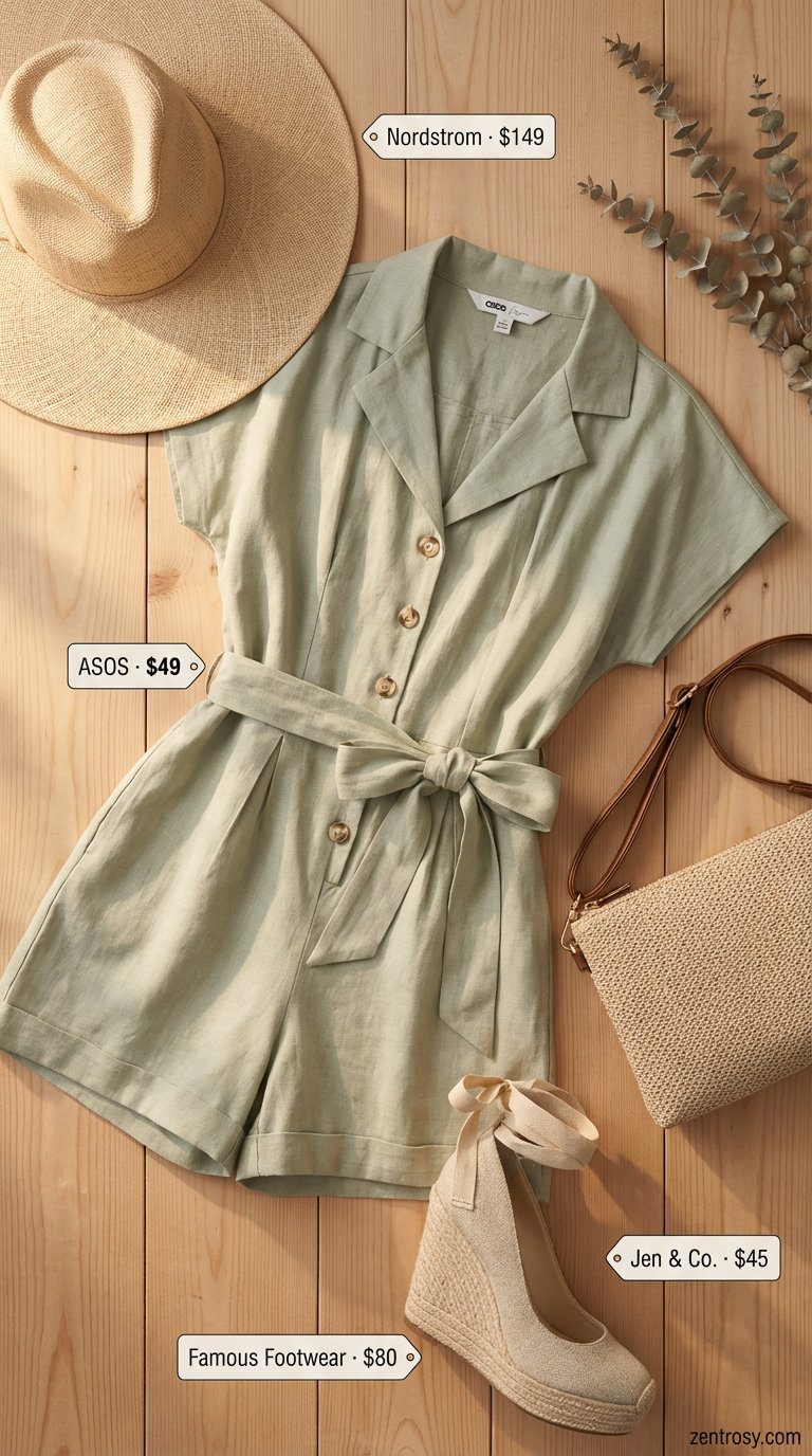 A chic casual summer outfit for women featuring a sage green linen blend romper, espadrille wedge sandals, a straw hat, and a woven straw crossbody bag, ideal for a garden brunch or summer party.
