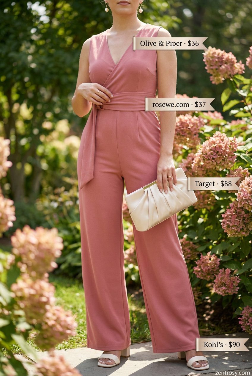 Sophisticated 'Garden Party Glamour' casual summer outfit for women 2026 featuring a dusty rose wide-leg jumpsuit, cream block heel sandals, a satin clutch, and delicate gold and pearl drop earrings, perfect for a summer wedding guest.