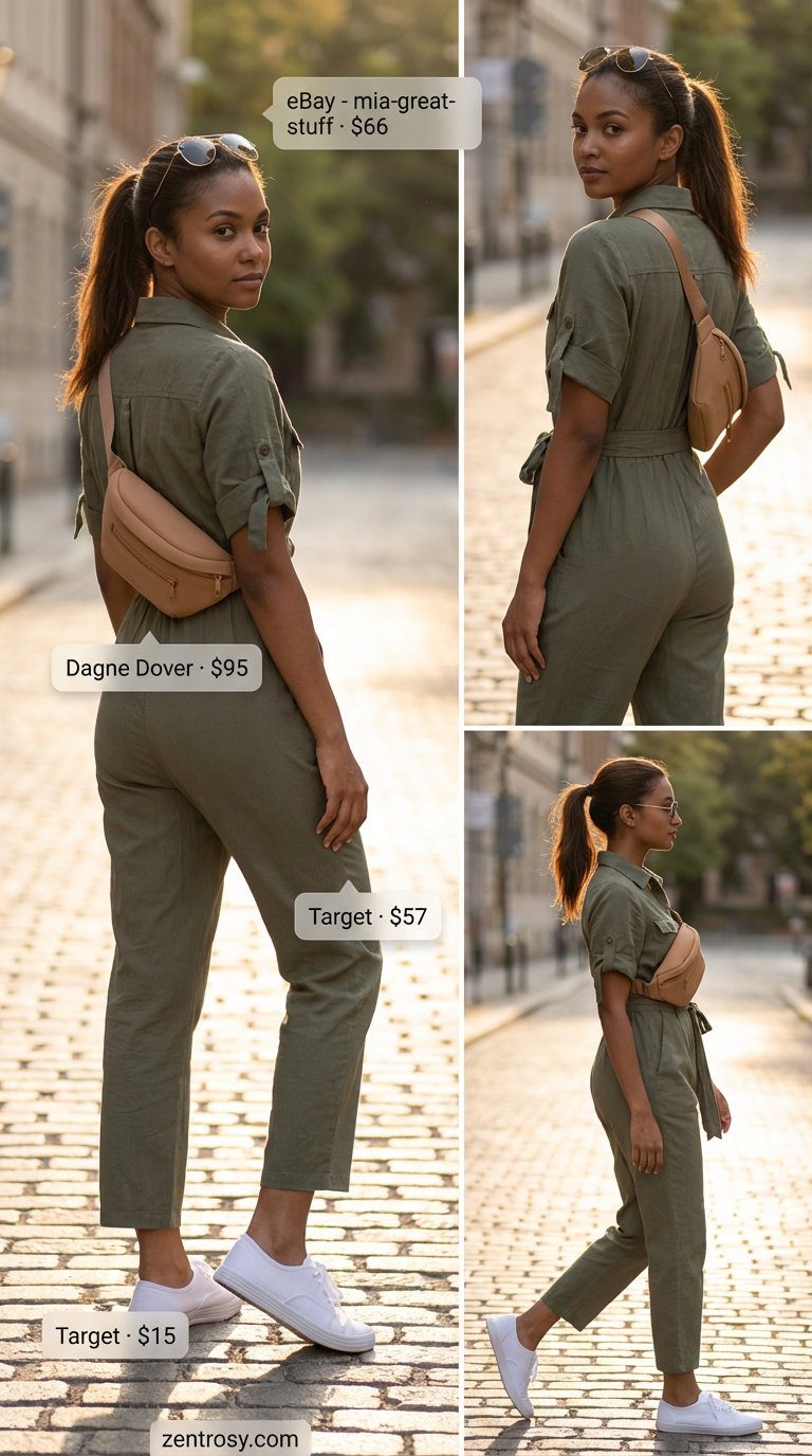 A relaxed khaki green utility jumpsuit paired with white low-top sneakers and a brown belt bag, creating a functional yet stylish casual summer outfit for women 2026, perfect for a lakeside escape.