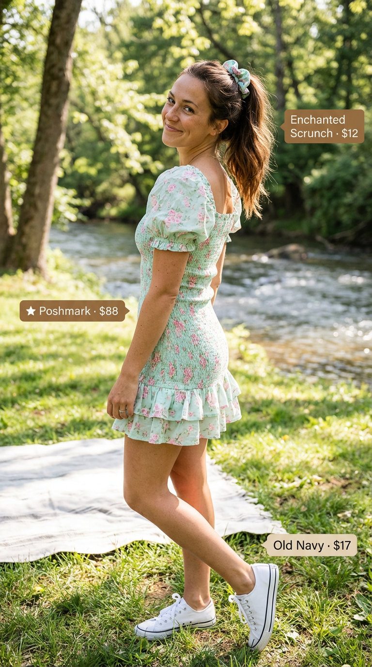 Playful and comfortable casual summer outfit for women 2026 featuring a mint green with pink floral print smocked mini dress, white canvas sneakers, a light pink crossbody bag, and a matching floral scrunchie, perfect for a park picnic.
