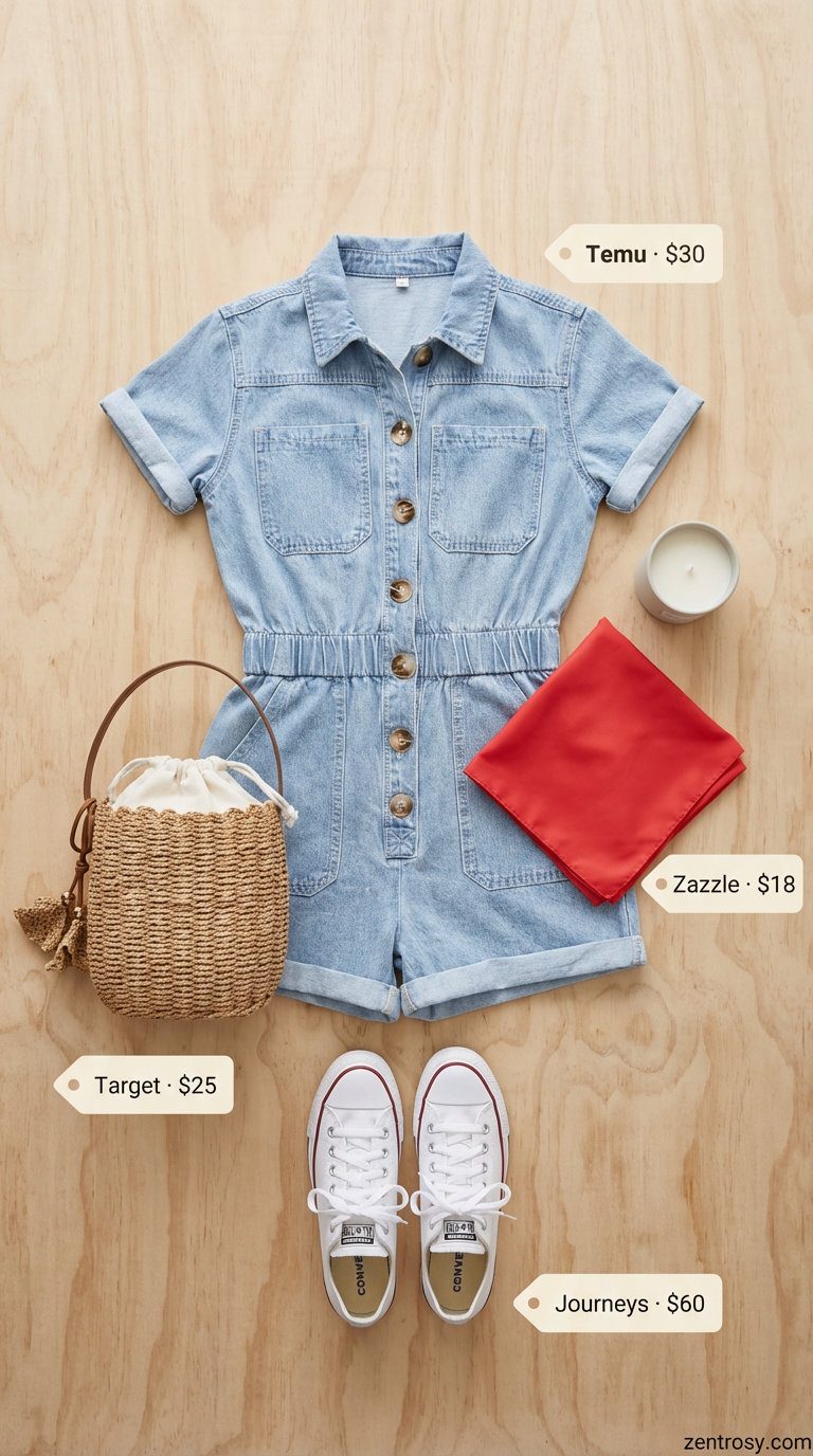 A playful casual summer outfit for women featuring a light wash denim utility jumpsuit, white sneakers, a woven bucket bag, and a coral bandana, suitable for a garden party or creative workshop.