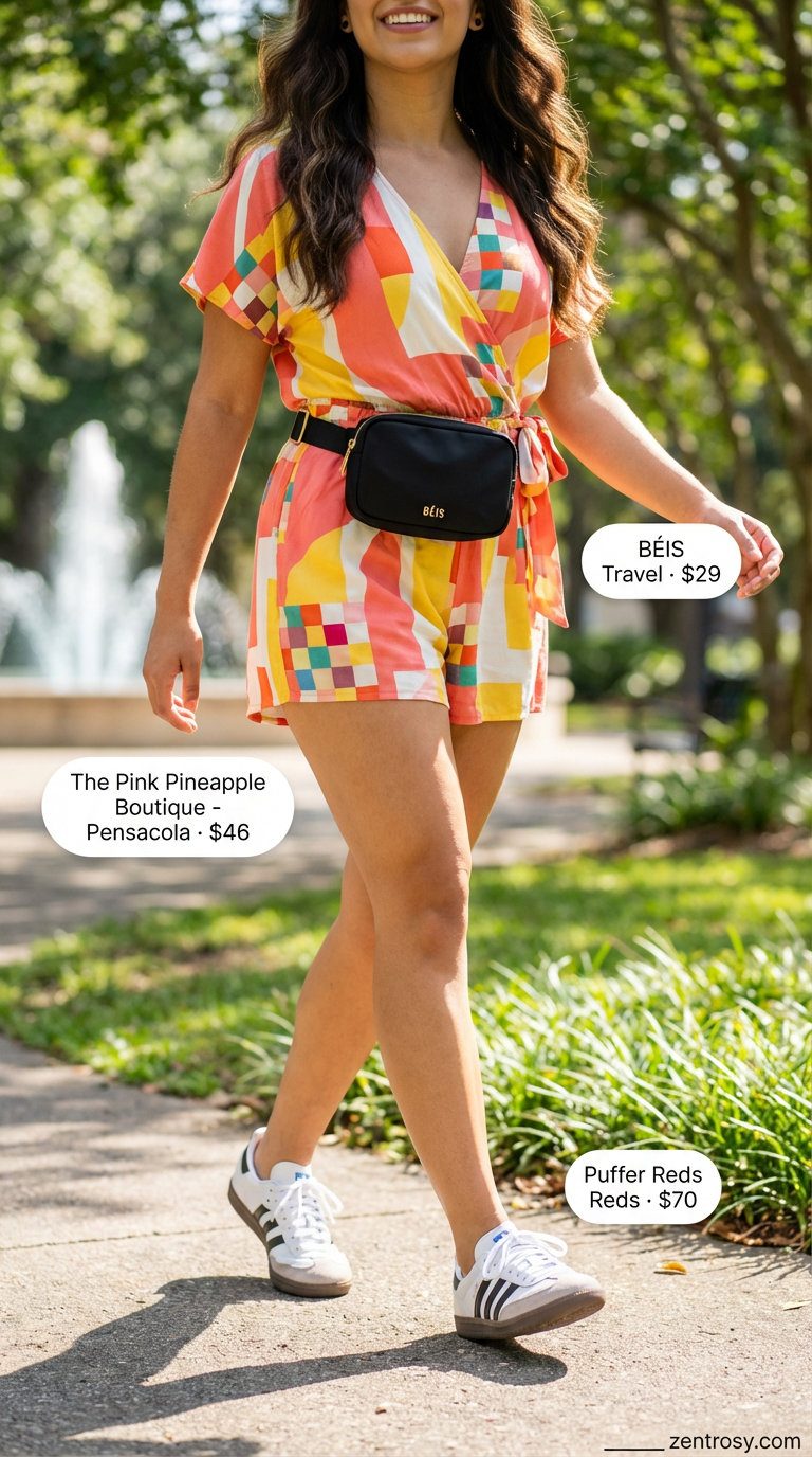 Youthful and comfortable casual summer outfit for women 2026 featuring a coral and white abstract print romper, classic white trainers, a black nylon belt bag worn crossbody, and simple black stud earrings, ideal for a picnic or festival.