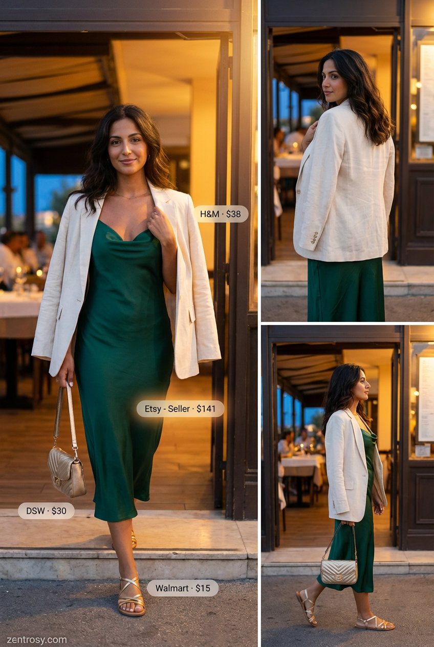A romantic and sophisticated casual summer outfit for women 2026, showcasing an emerald green satin slip dress styled with a cream linen blend blazer and gold flat sandals, perfect for a sunset beach dinner or elegant evening out.