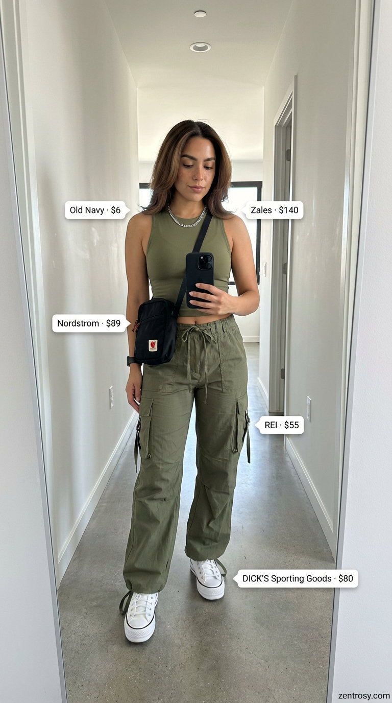 An edgy urban outfit featuring olive green cargo pants, a black crop top and chunky platform sneakers, perfect for casual summer outfits for women 2026 city exploration or a concert look.