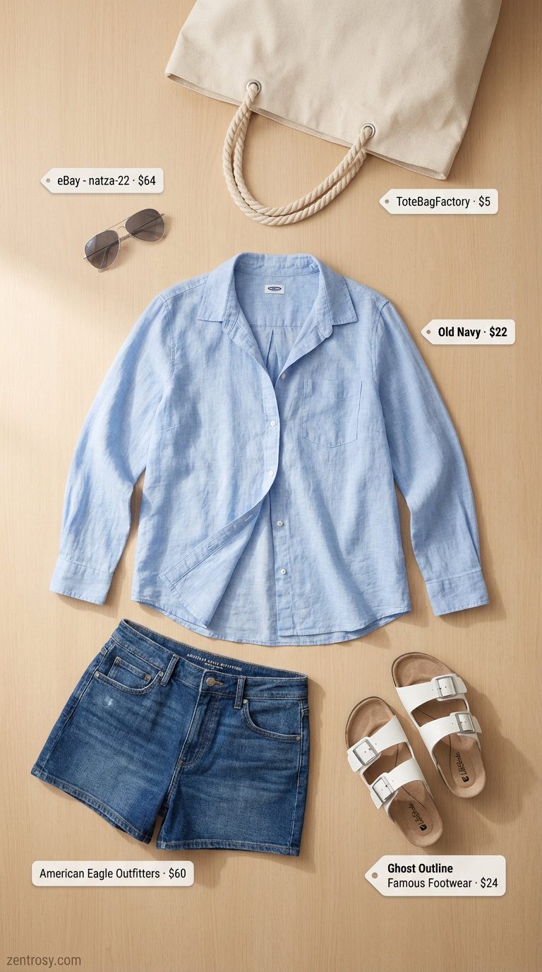 Relaxed and easygoing casual summer outfit for women 2026 featuring a loose sky blue linen blend button-down, raw hem denim shorts, white slide sandals, silver aviator sunglasses, and a natural canvas tote bag, perfect for a weekend getaway or park visit.