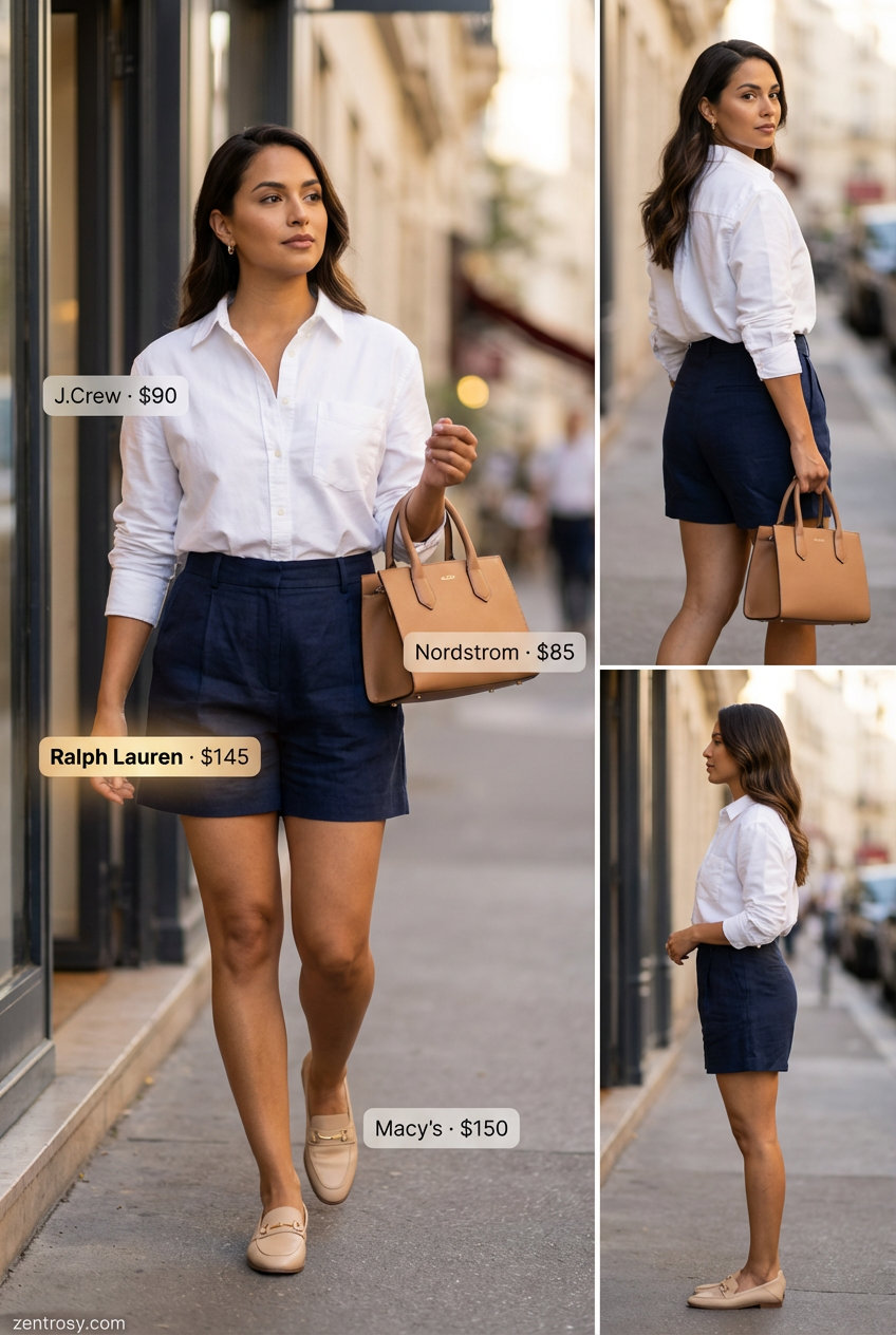 Polished navy linen shorts and crisp white button-down for casual summer outfits for women. Beige loafers complete this sophisticated daytime look.