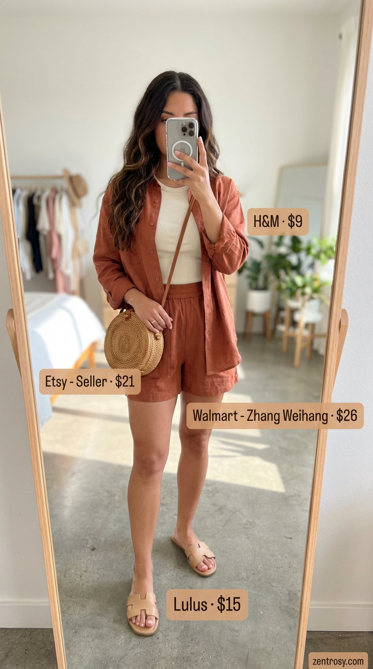 Relaxed terracotta linen matching set with a cream tank and straw bag, perfect for casual summer outfits for women. Beige slide sandals complete this chic weekend look.