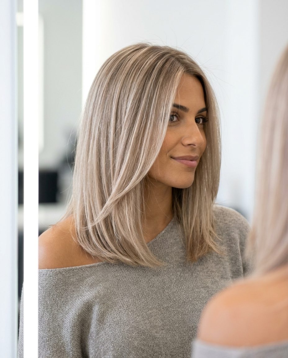 Elegant Champagne Ash Blonde Babylights 2026 long ash blonde hair color with champagne ash and neutral beige, babylights, soft waves — elegant
