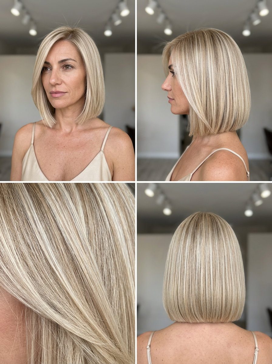 jaw-length blunt bob with champagne blonde color, pearl undertones, and cool beige micro-highlights for chic sophistication