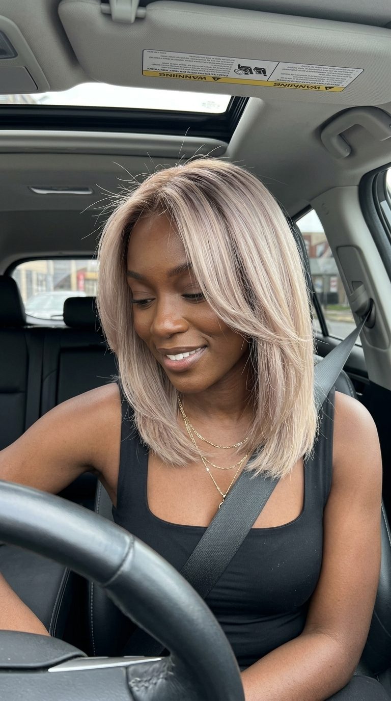 long layered cut champagne blonde with beige undertones, neutral brown root smudge — minimalist daily