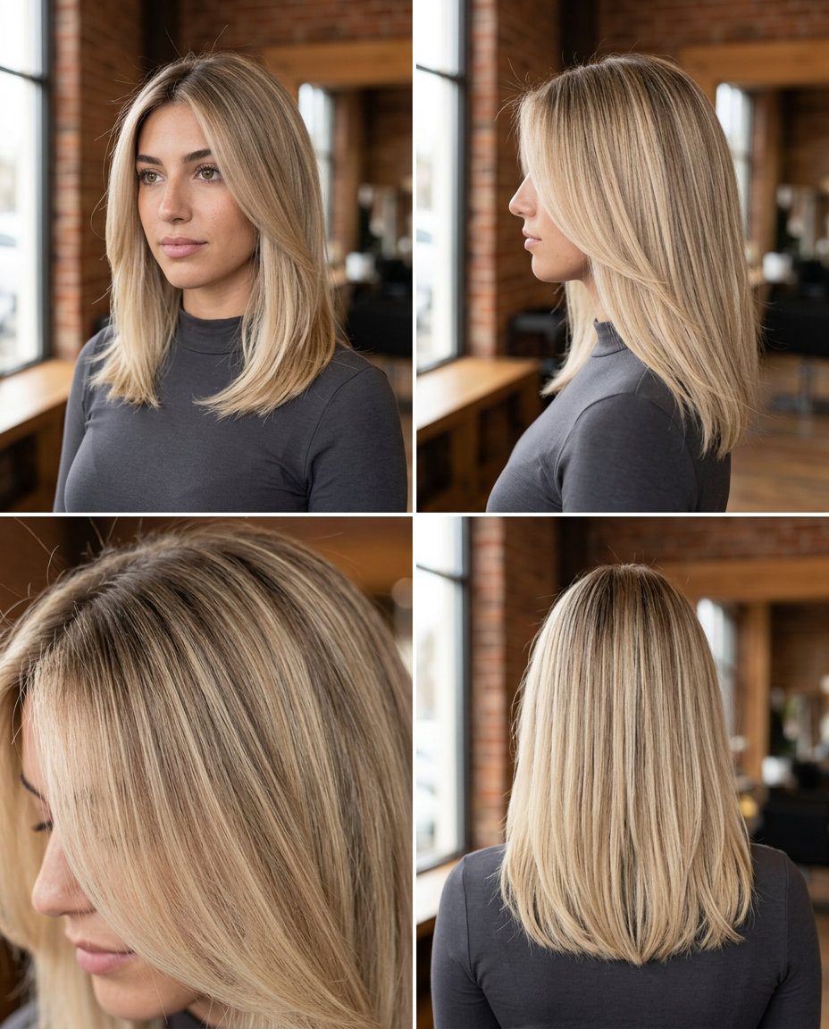long layered champagne blonde hair with shadow root, babylights technique, no fringe — luxurious summer brunch look