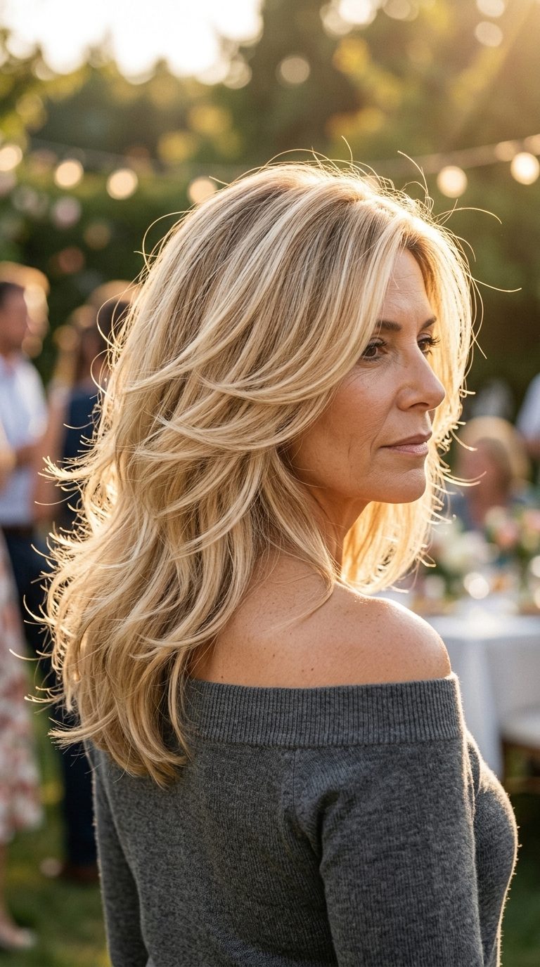 long champagne blonde shag with sandy base, balayage highlights, wispy curtain bangs — playful and breezy for vacation
