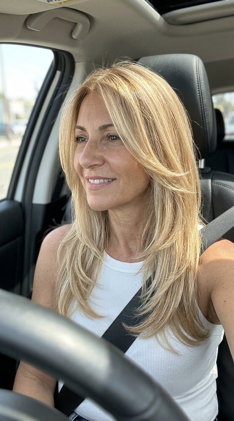 long V-cut layered haircut in champagne blonde with babylights, sweeping face-framing layers — youthful and radiant