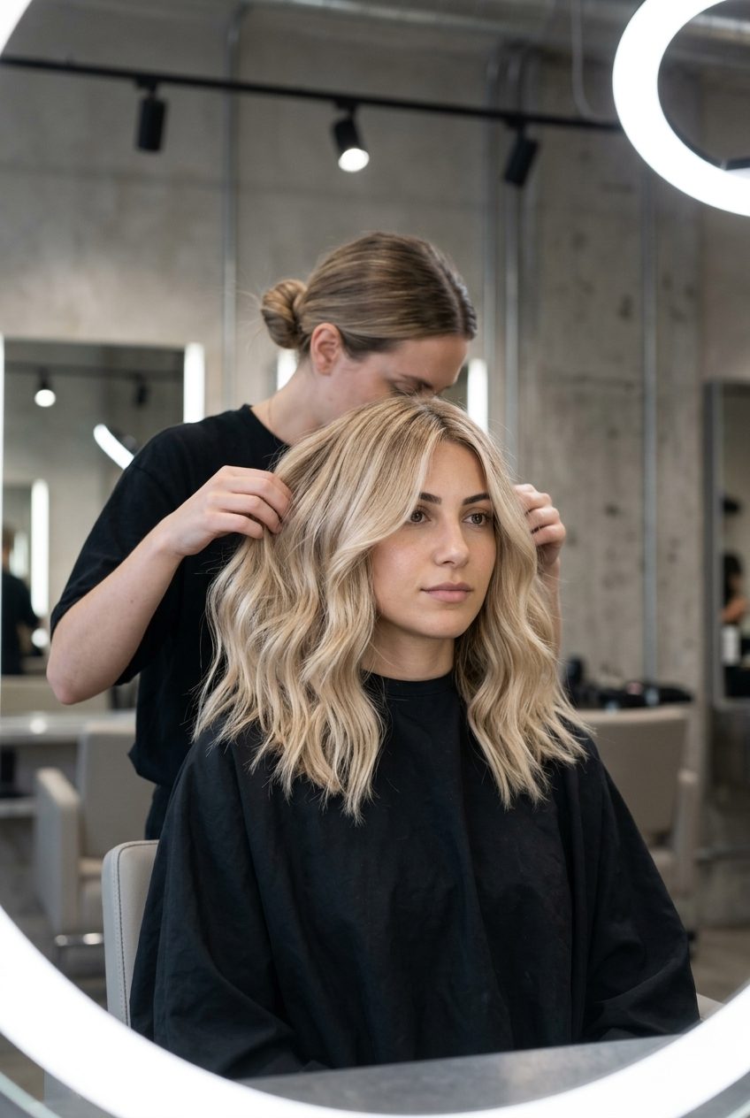 Champagne Tousled Midi Haircut 2026 medium wavy midi haircut with champagne blonde, subtle golden tones, face-framing pieces — effortless glamorous brunch