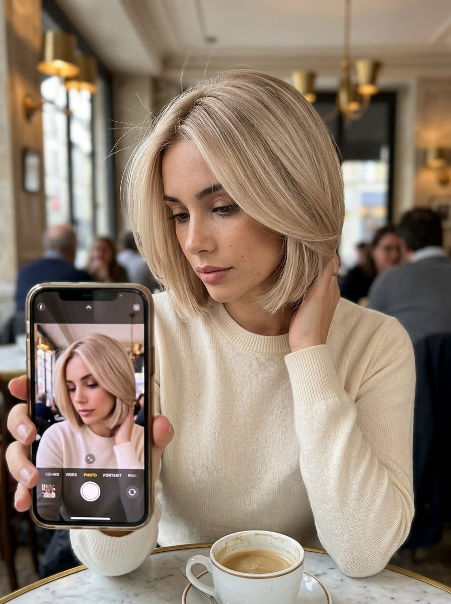 Chic Champagne Blonde Bixie 2026 short blunt bixie haircut with champagne blonde pearl-beige tone, vanilla root smudge, no bangs — chic professional style