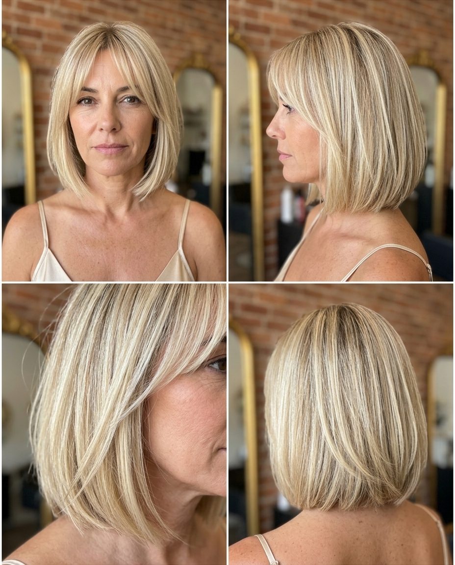 short champagne blonde bob with pearl babylights, soft curtain bangs, invisible layers — chic and effortless for daily wear