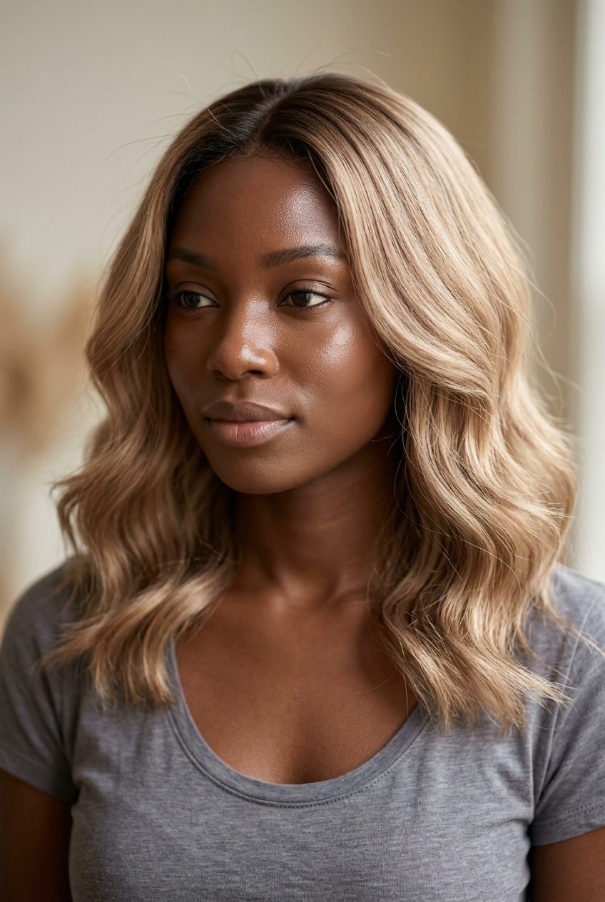 long layered cut champagne bronze with neutral undertones, dark root smudge — chic daily