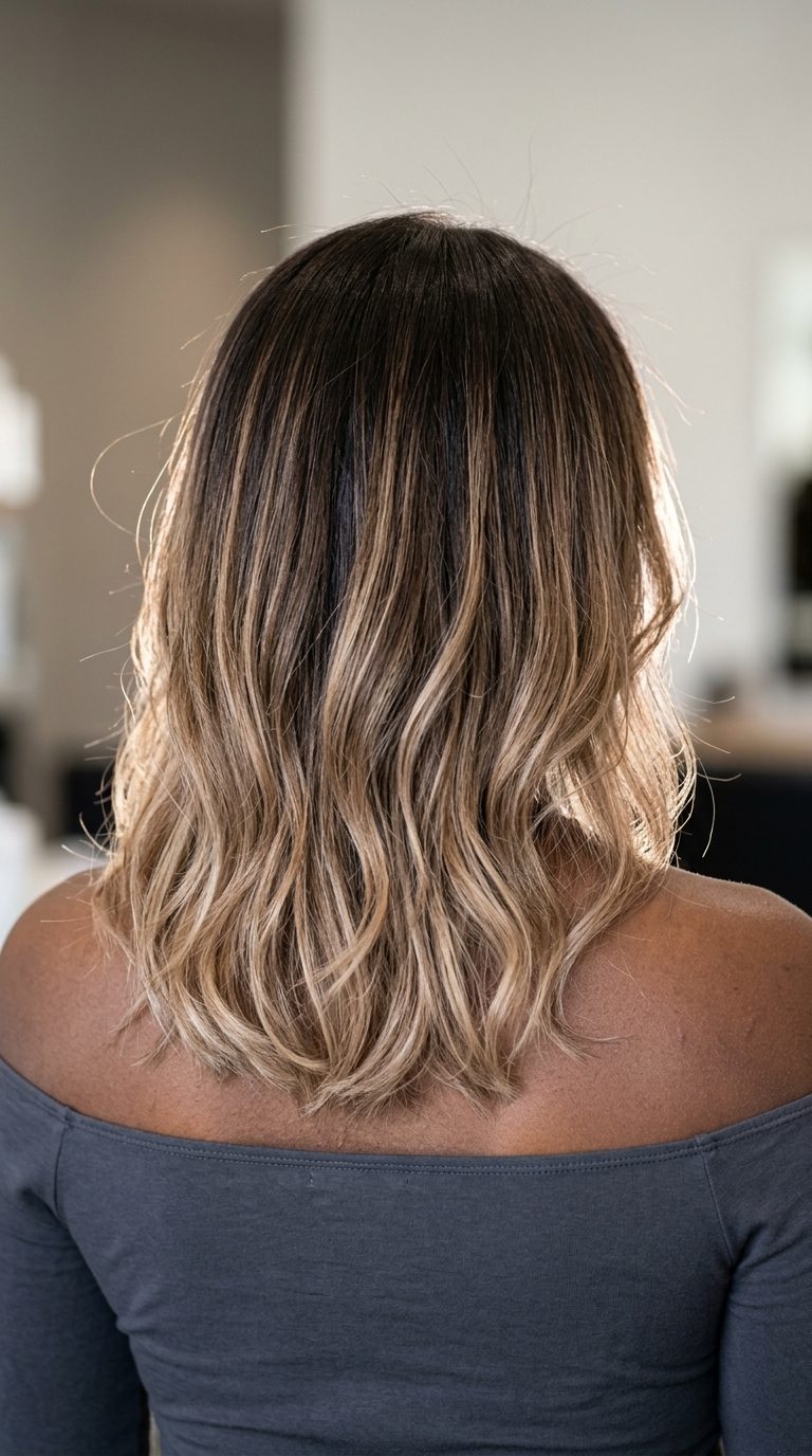 long layered champagne bronze root melt haircut with metallic pale gold, luxurious glam