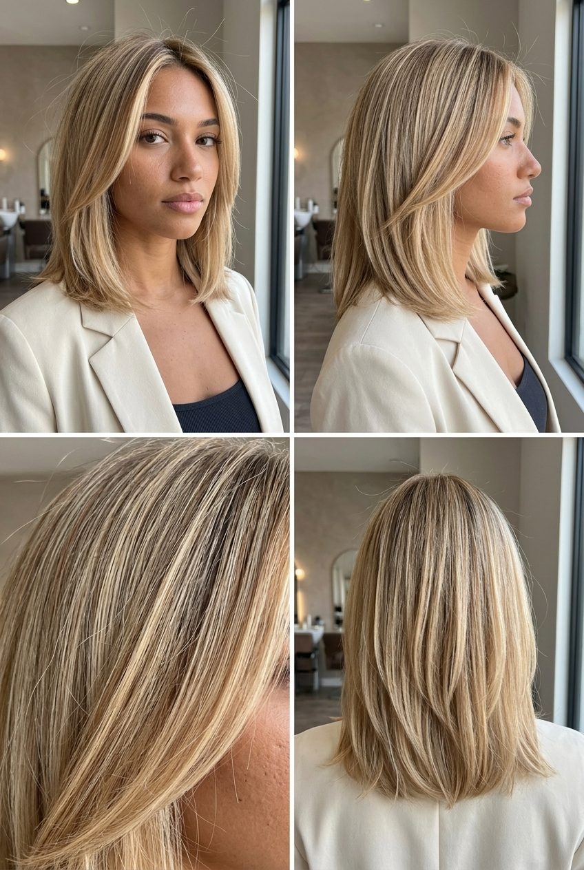 short blunt Italian bob honey blonde hair with champagne face-framing, bright honey money pieces for brunch