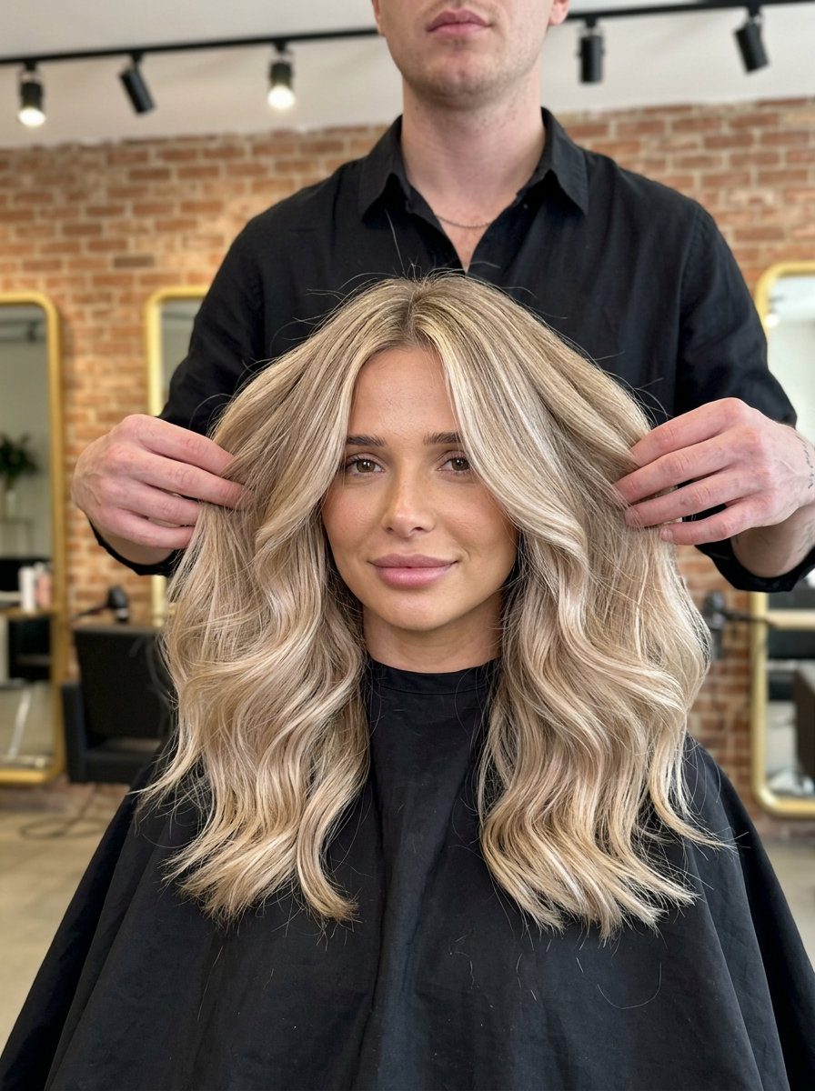 Champagne Blonde Air Touch Balayage 2026 long champagne blonde air touch balayage with pearlescent beige, subtle root smudge — elegant summer wedding guest