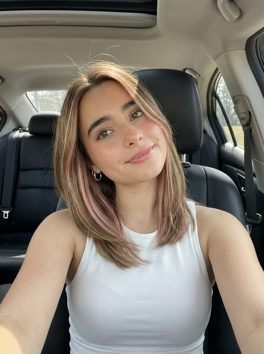 medium champagne rose strawberry blonde peekaboo panels, hidden pink-gold contrast — playful subtle reveal