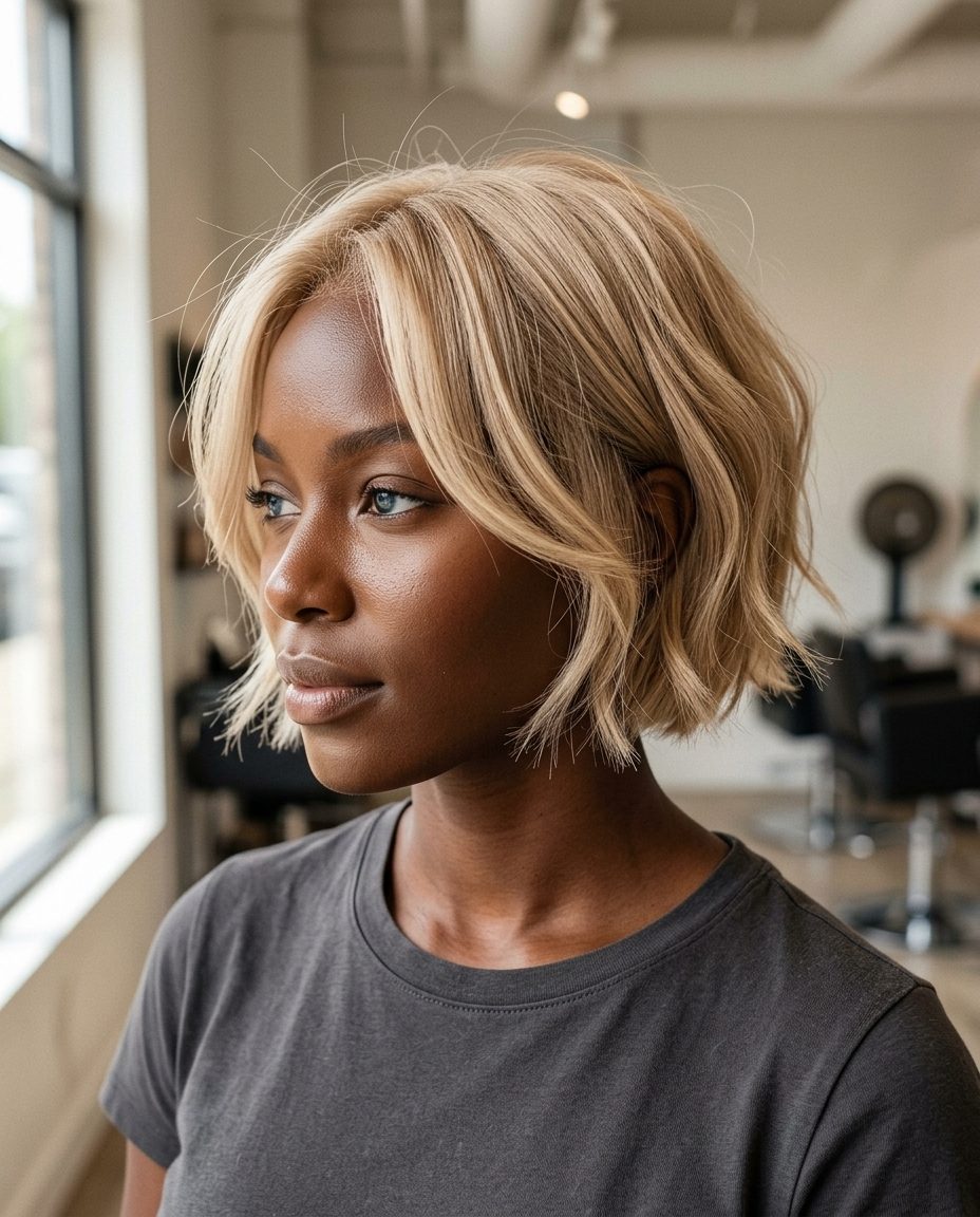 Champagne Bixie Haircut 2026 short bixie haircut in champagne blonde with Scandi hairline, face-framing layers, soft fringe — effortless chic