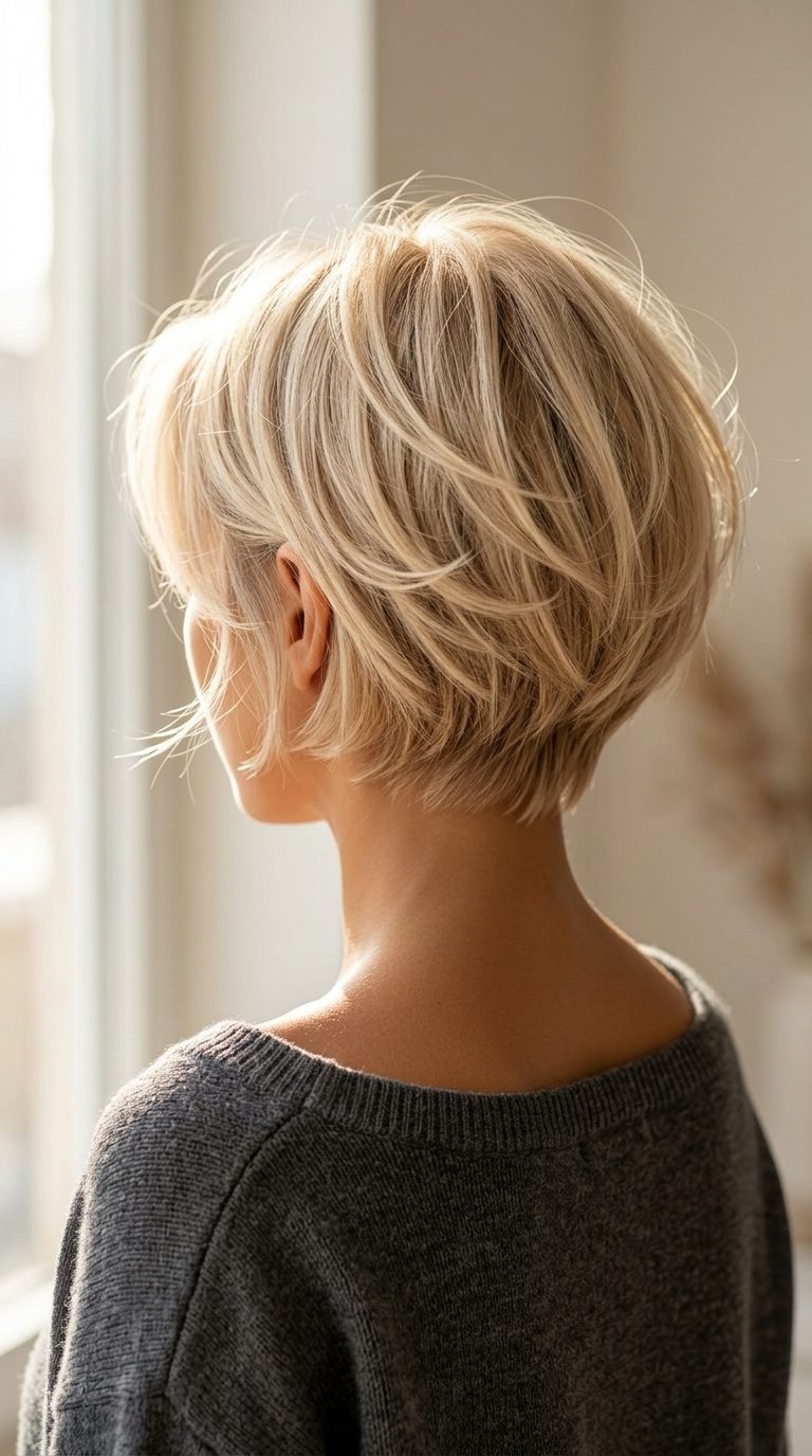 Champagne Scandi Blonde Bixie Haircut 2026 short layered bixie haircut in champagne blonde with Scandi hairline, air-dried texture — effortless chic
