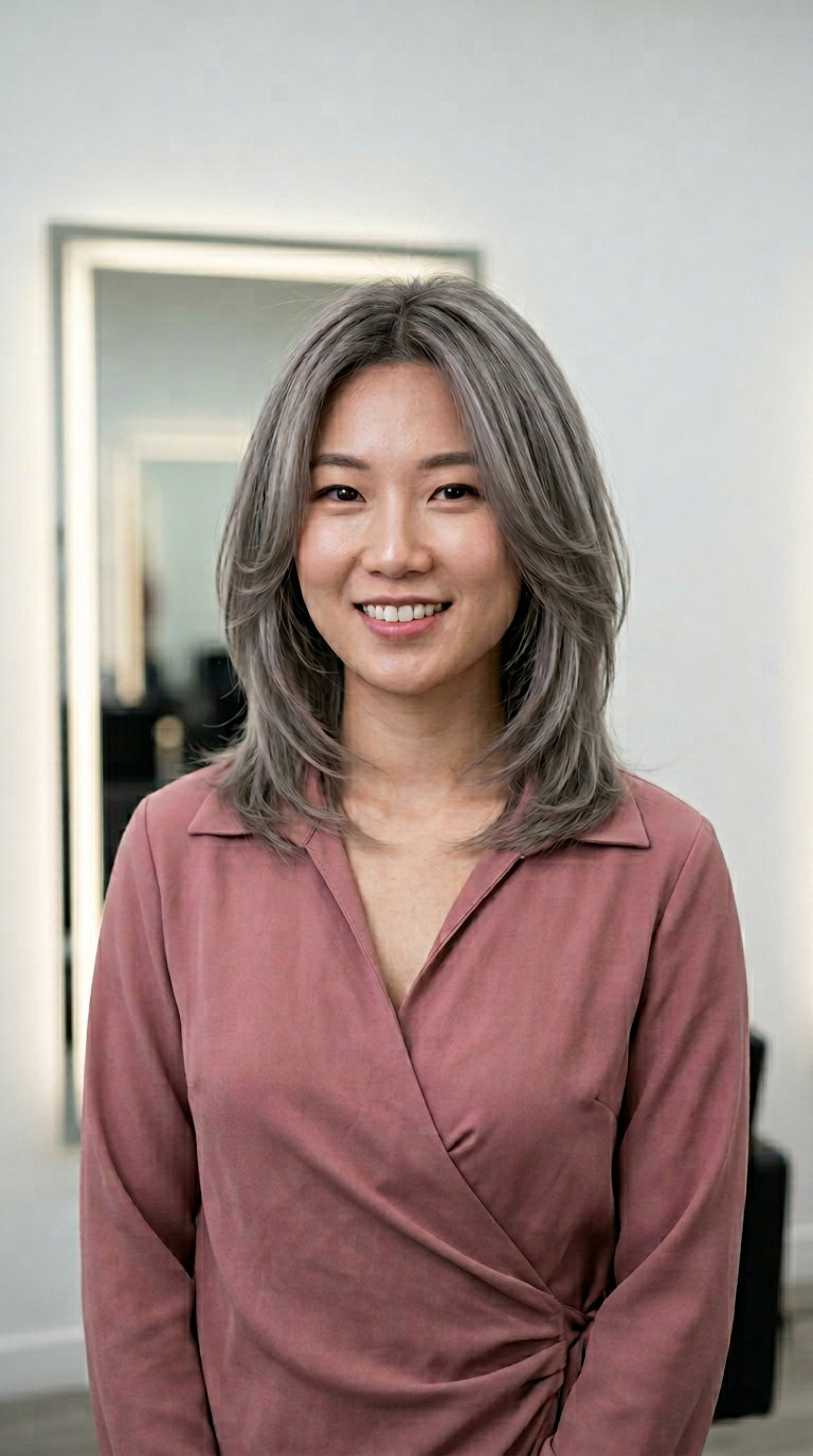 medium butterfly haircut in charcoal ash blonde, babylights, muted grey root shadow, soft sweeping fringe — sophisticated everyday style