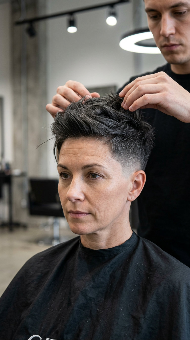 very short haircut in natural charcoal gray with disconnected top, clipper fade — edgy
