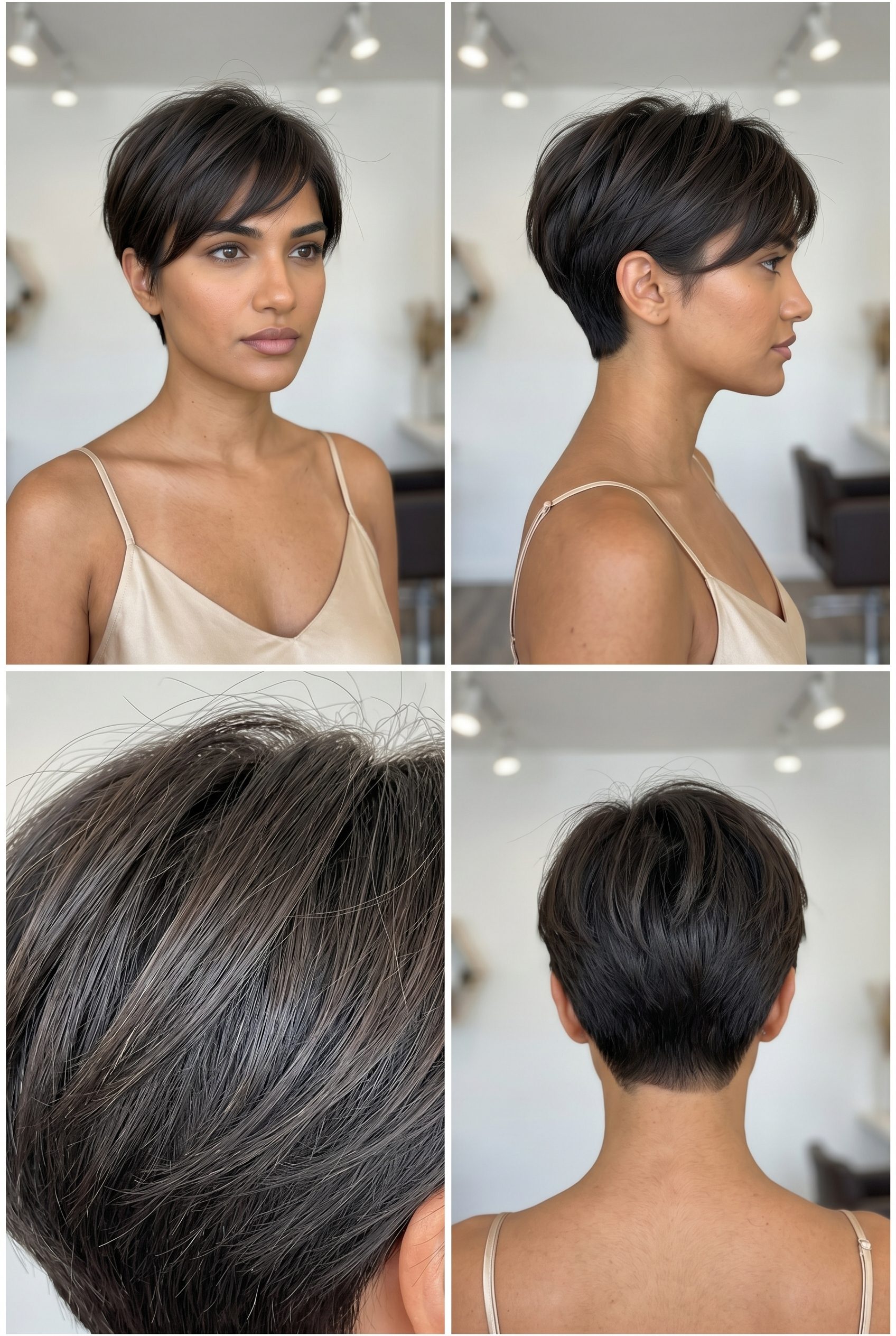 very short pixie haircut with charcoal lowlights, soft layers, side-swept fringe for meetings
