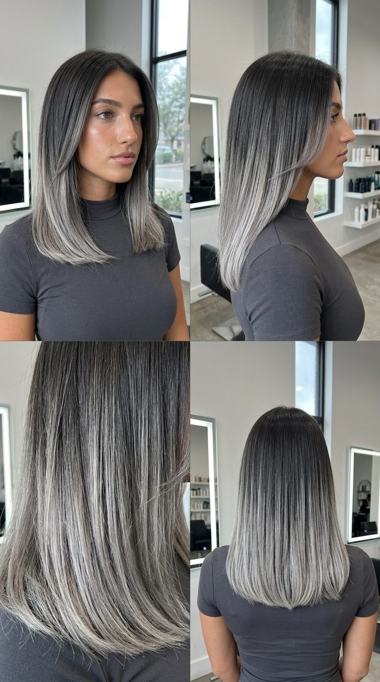 Edgy Silver Smoke Ash Dip-Dye 2026 long ash blonde hair color with charcoal base and silver smoke ash blonde ends, dip-dye, no fringe — edgy