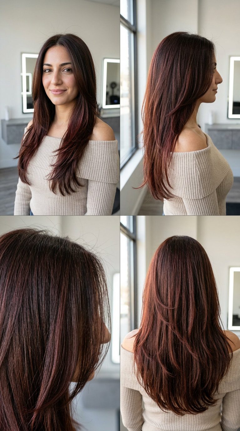Cherry Chocolate Layers 2026: Sultry Romance long cherry chocolate haircut with mahogany undertones and subtle layers for sultry romance