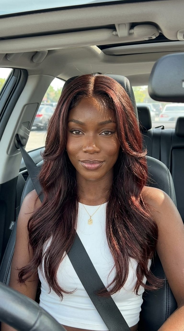 Cherry Chocolate Brown Hair 2026: Romantic & Sultry long layered hair cherry chocolate brown with subtle cherry red, soft layers for summer