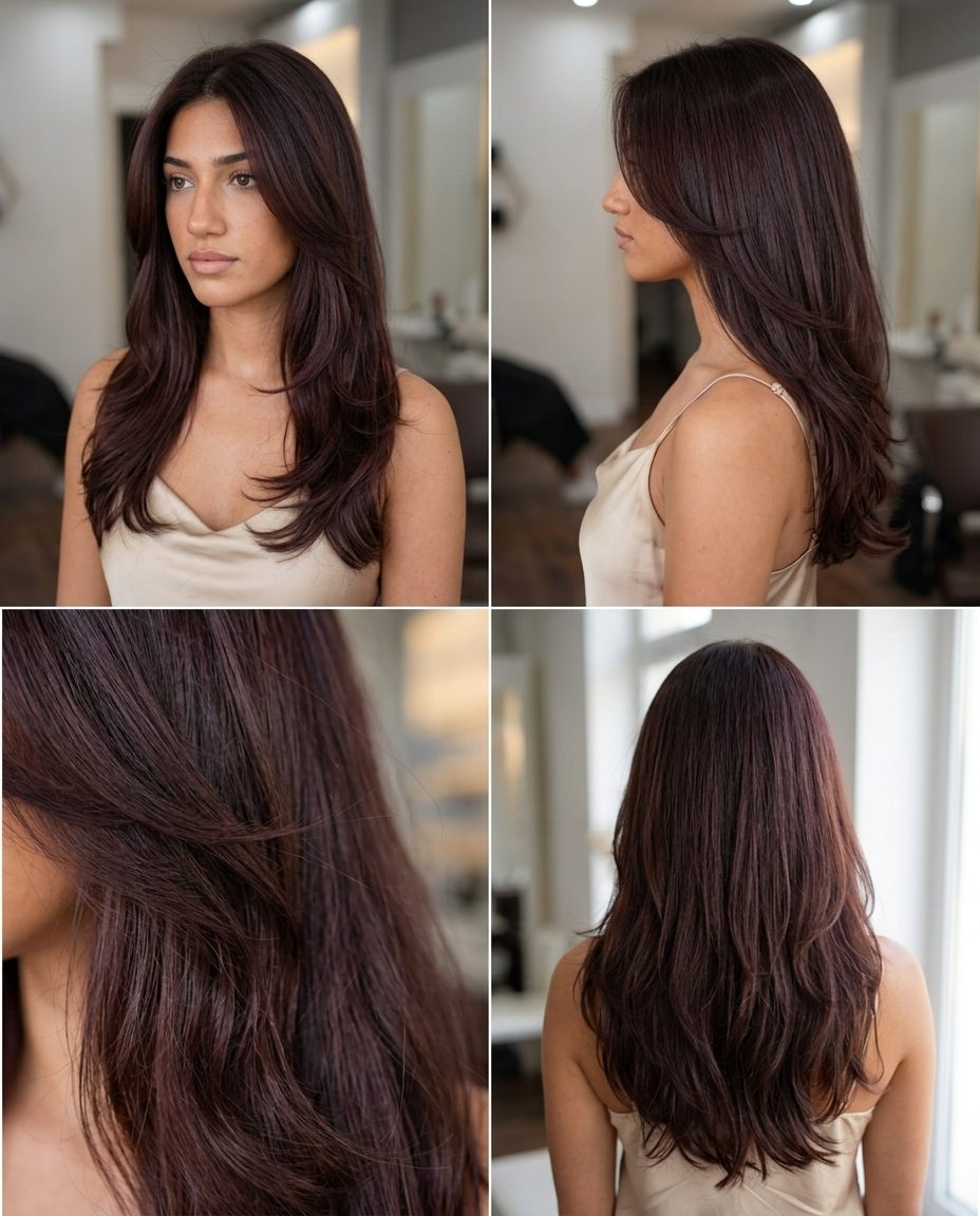 Cherry Chocolate Waves 2026 long cherry chocolate brown waves with subtle violet undertones and face-framing layers — romantic & glamorous