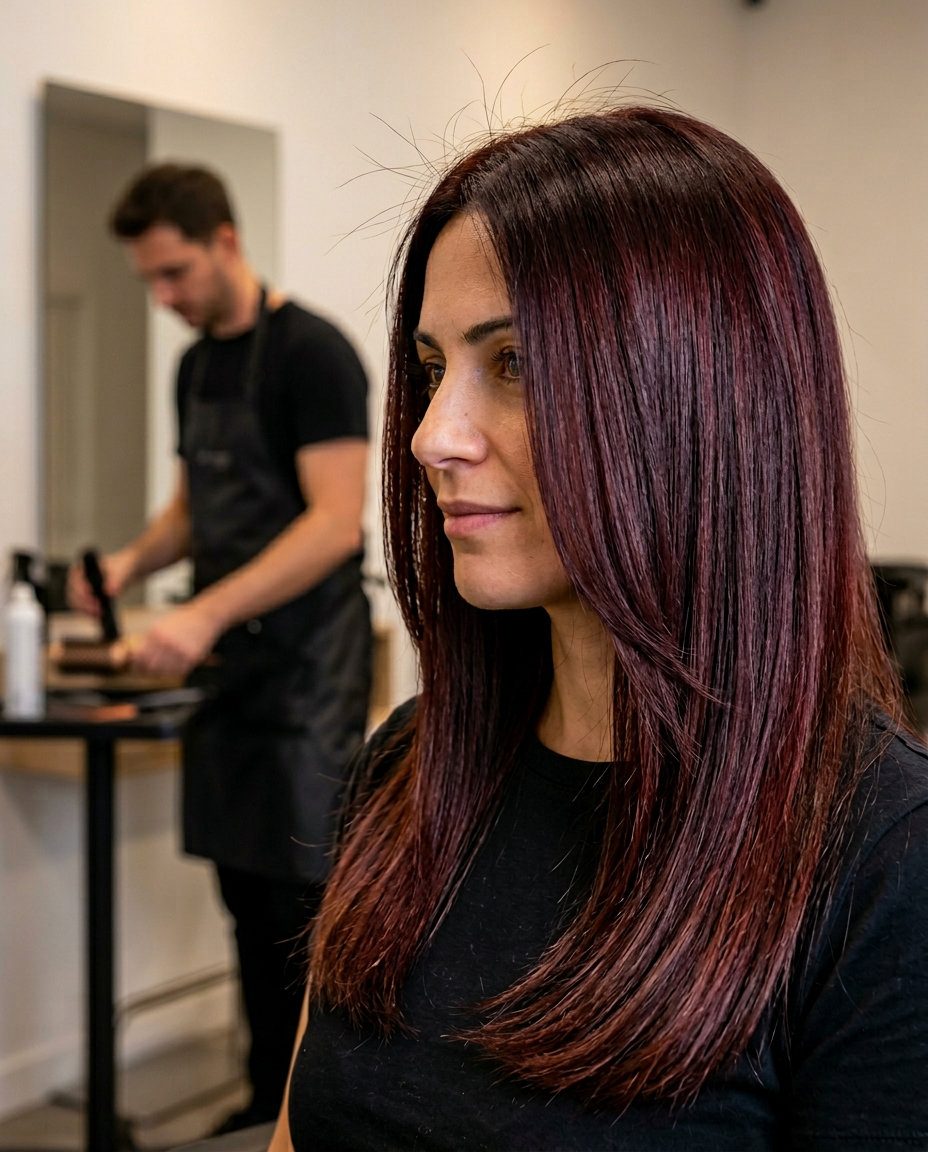 long straight haircut in cherry cola brunette, subtle layers, face-framing layers — professional sophisticated summer