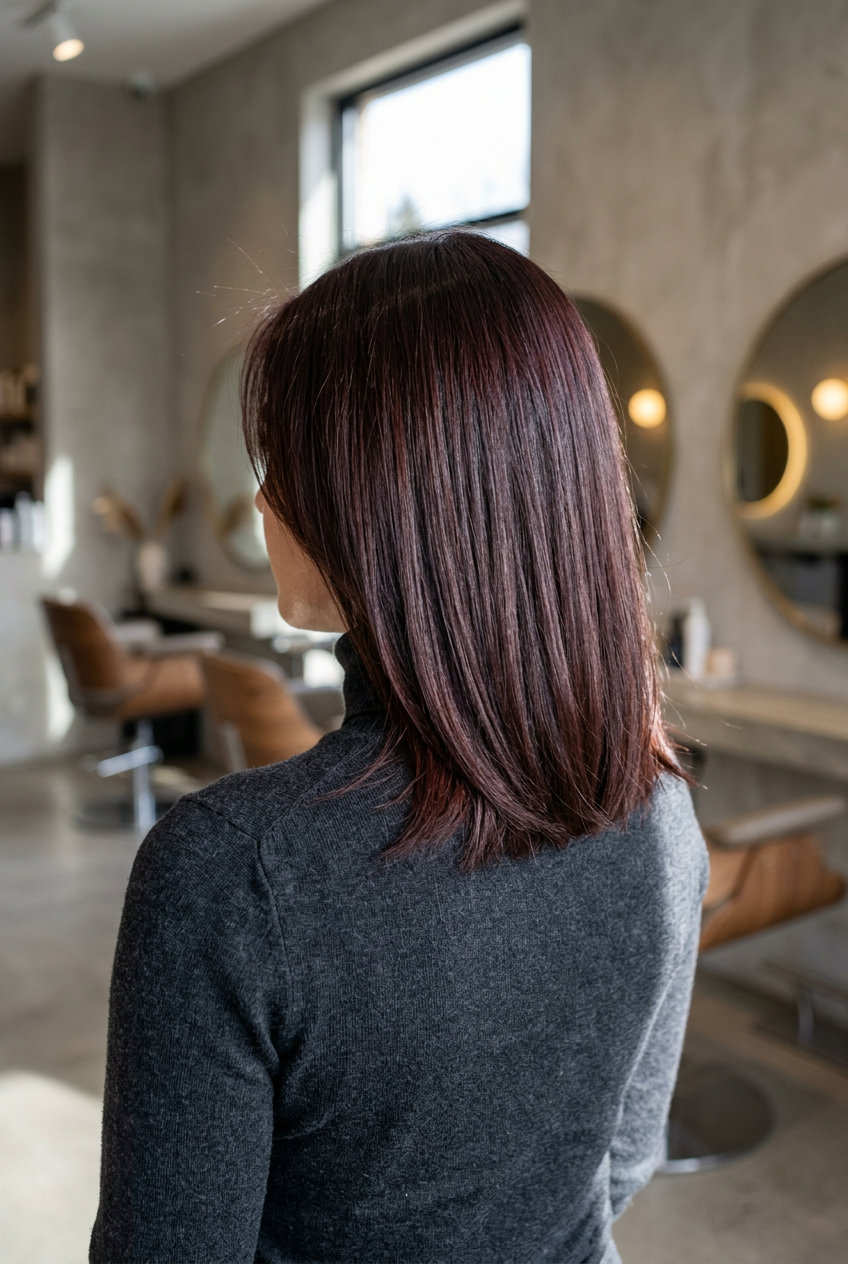 Cherry Cola Lob: Bold Brunette Statement 2026 medium lob haircut in cherry cola brunette with red-violet undertones and blunt perimeter for edgy looks