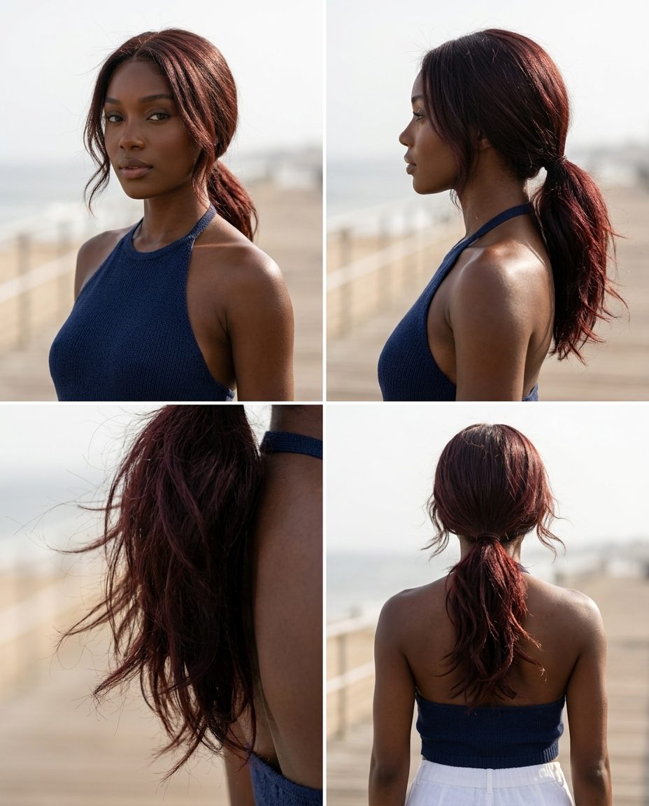 long cherry cola ponytail with razored layers, face-framing tendrils, for beach day