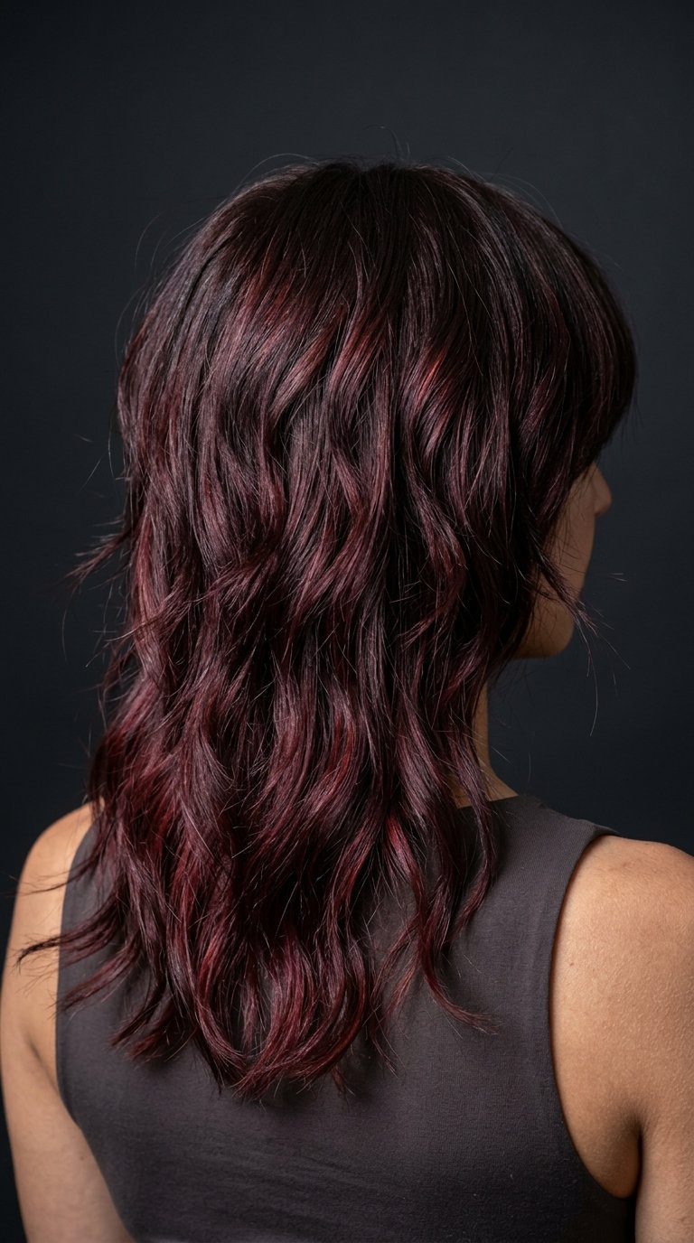 medium cherry cola wolf cut with choppy layers and V-cut back for date night