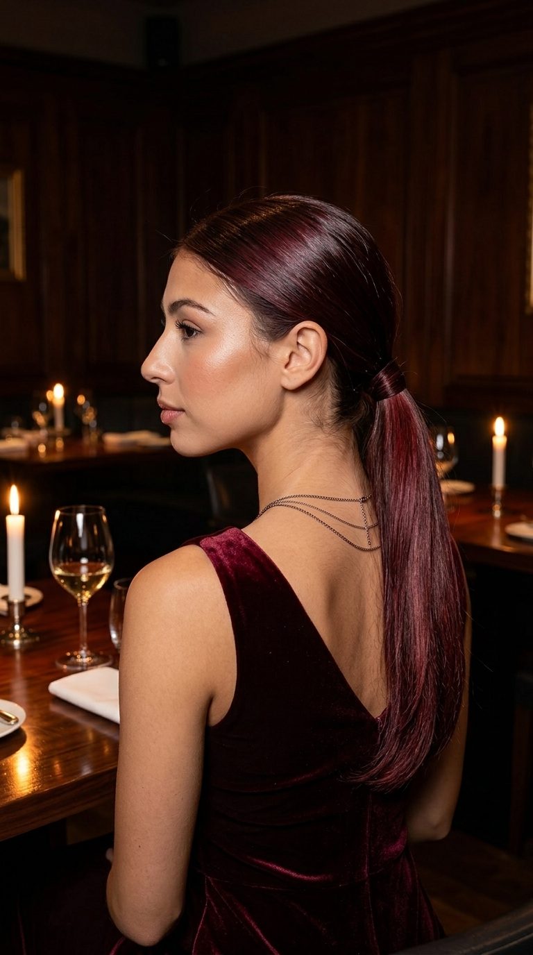 medium-long layered ponytail 2026 with cherry cola, violet undertones, long face-framing — professional elegant