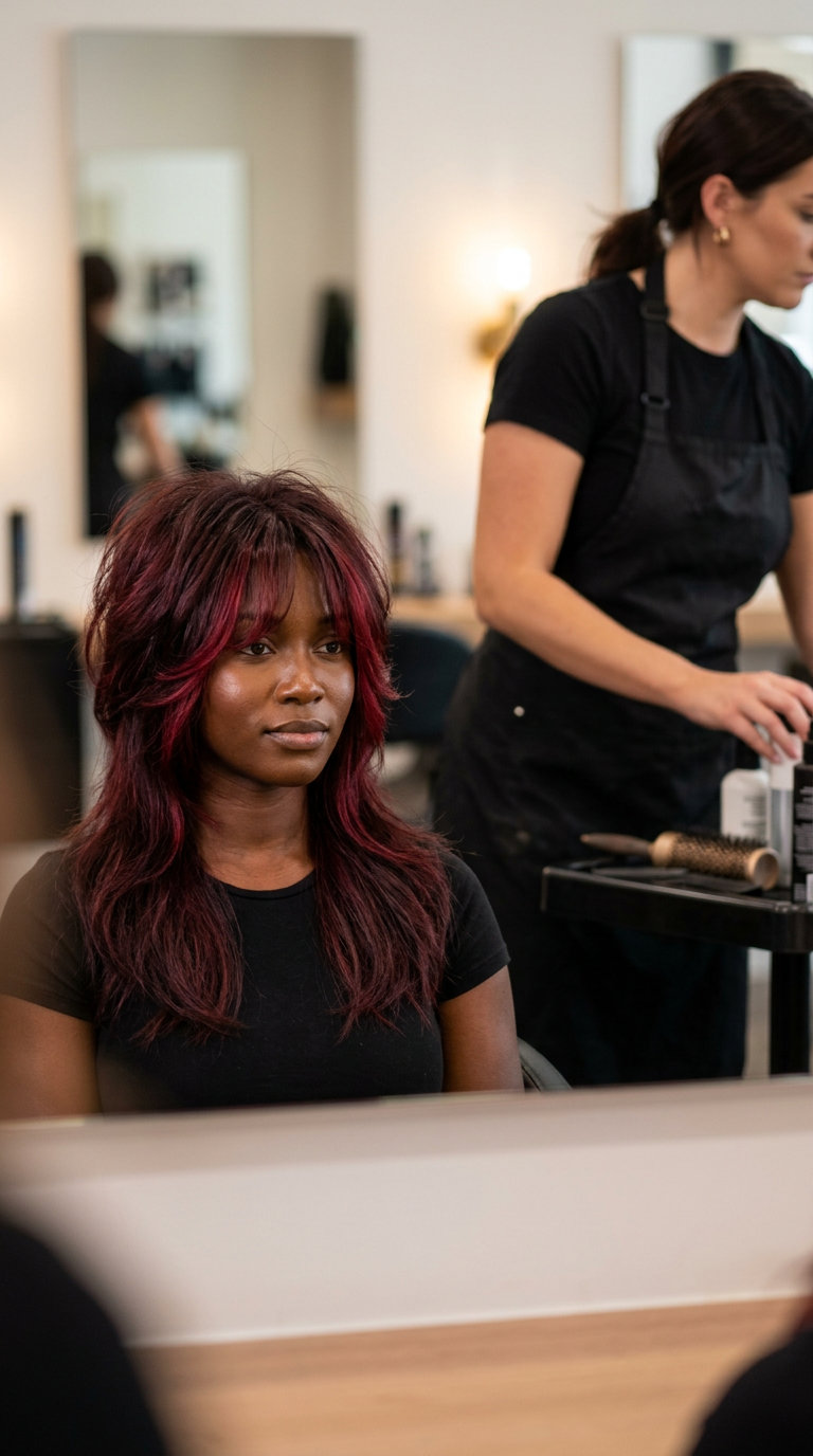 Edgy Cherry Cola Mullet for Round Faces 2026 medium modern mullet haircut in cherry cola red with textured layers and wispy bangs for summer